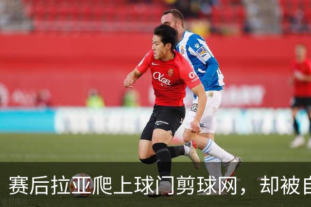 赛后拉亚爬上球门剪球网，却被自己的冠军奖牌意外卡住